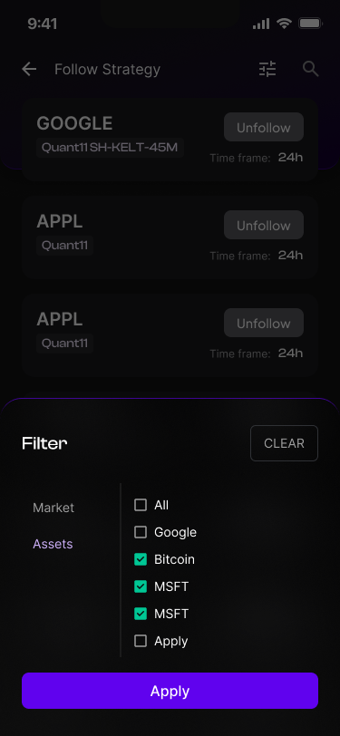 Quant — фільтр стратегій за активом